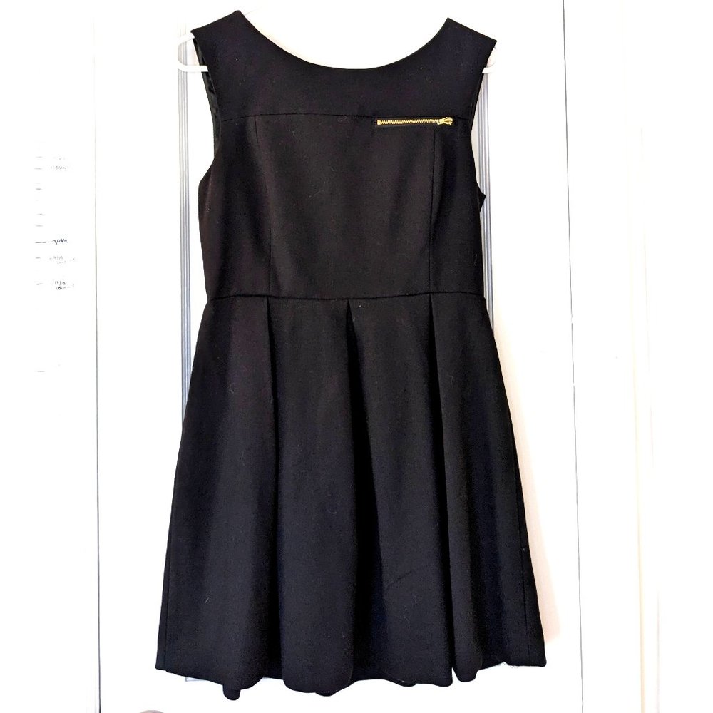 H&M Black Mini Dress with Gold Zippers & Pleated Skirt